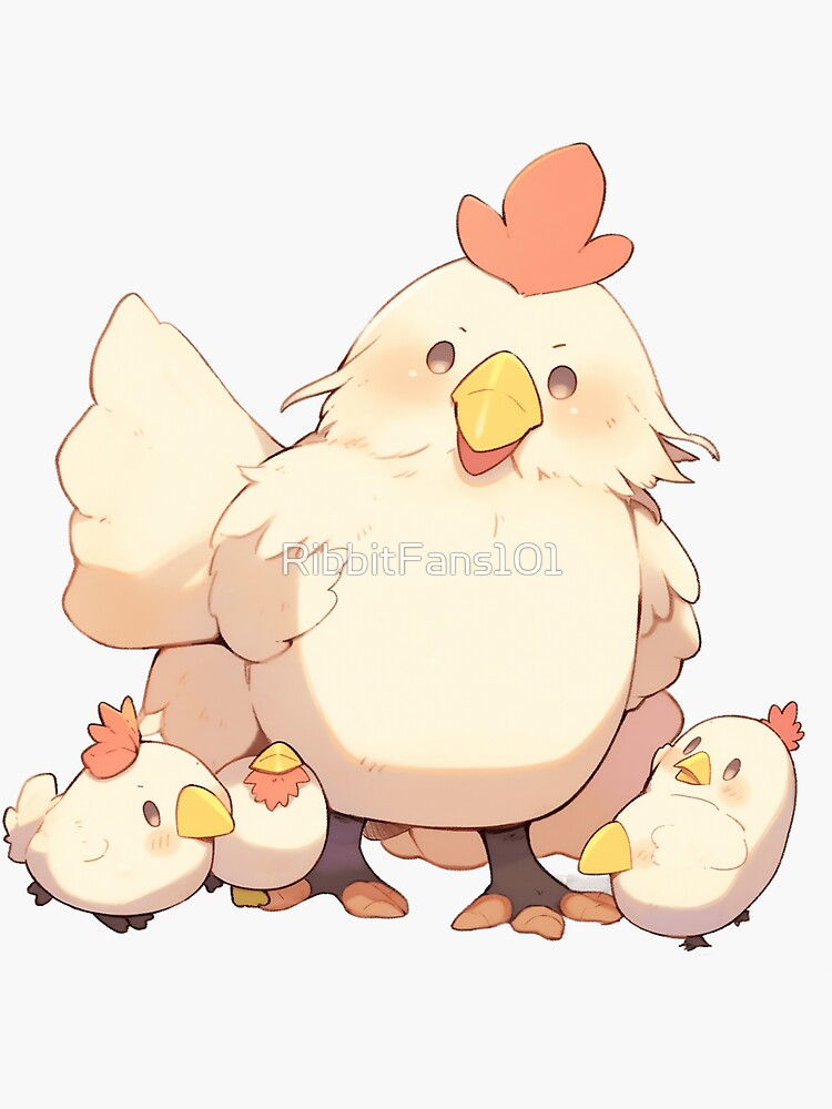 Cute Anime Hen With Three Chicks | Sticker